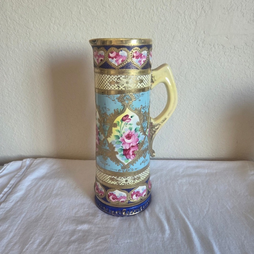 Miyako Hand Painted Porcelain Chocolate Pot Pitcher Pink Roses Gold Moriage Blue